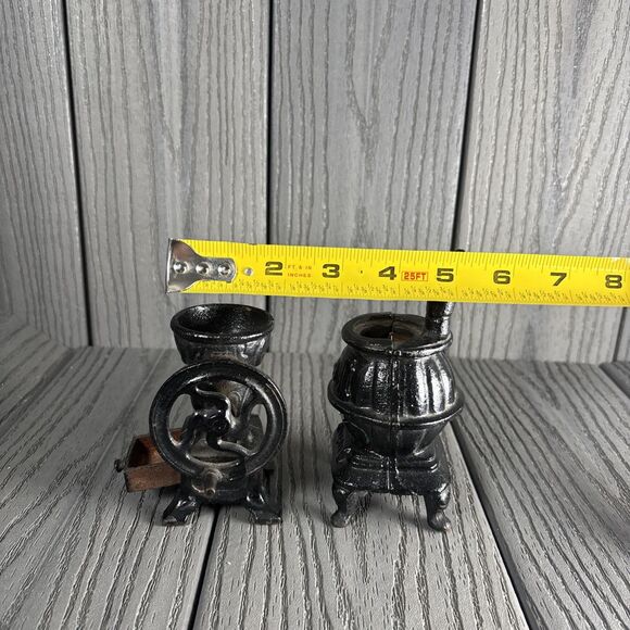 Vintage Small Pot Belly Stove Black Cast Iron 5" Tall + Coffee Grinder (Parts) - Picture 3 of 8